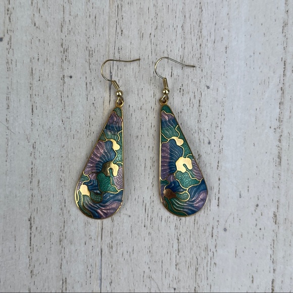 🚫SOLD🚫 VTG 80’s Pastel & Gold Cloisonné Enamel Earrings ✨ Tear Drop Fish and - Picture 8 of 15